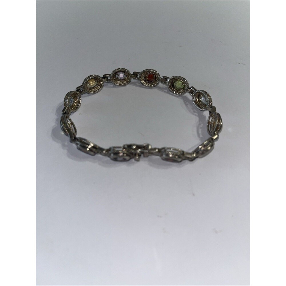 VTG 925 Sterling Silver Multi Gemstone Bracelet Garnet Peridot Amethyst Citrine